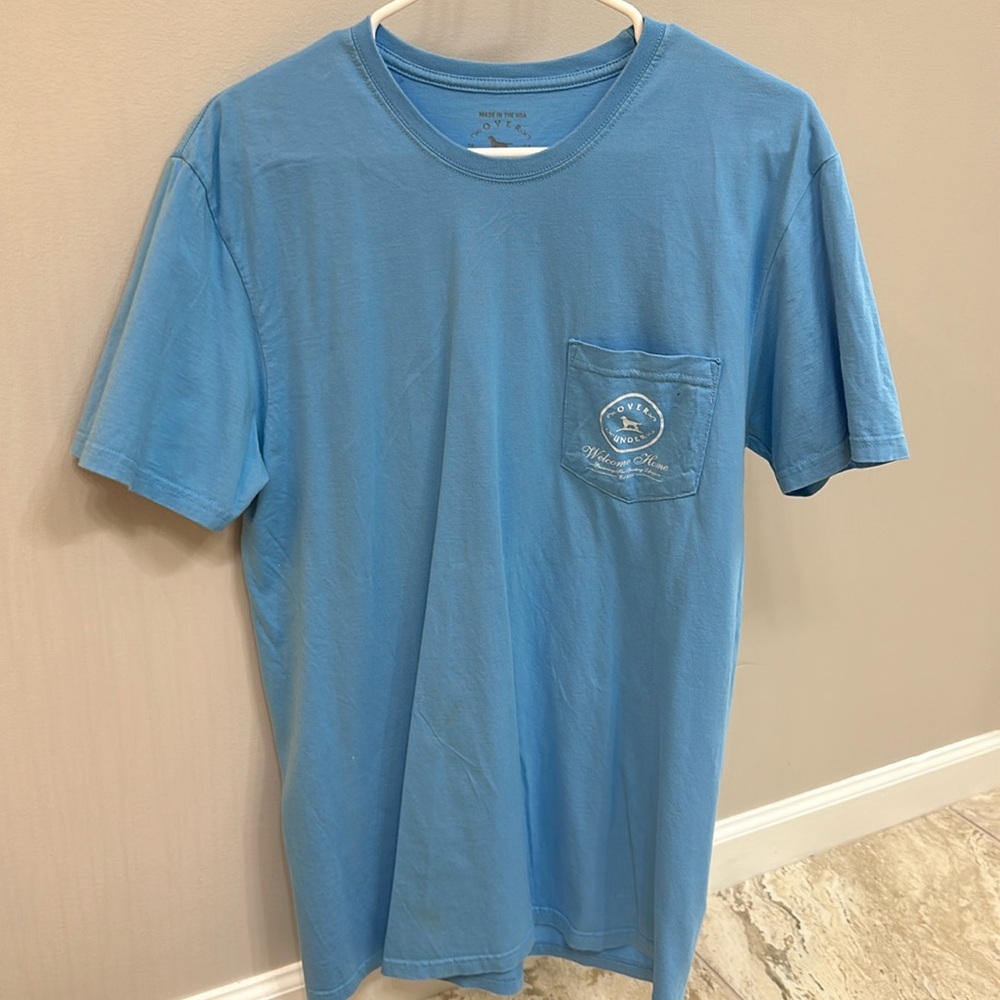 Women’s over under tee, medium, baby blue, pocket front, 100% cotton